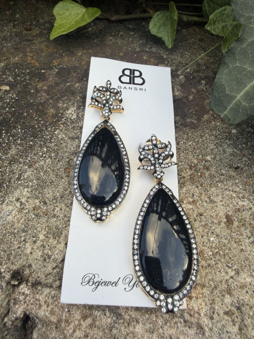 Bansri Black Teardrop Rhinestone Fleur de Lis Drop Earrings Gold Statement NEW